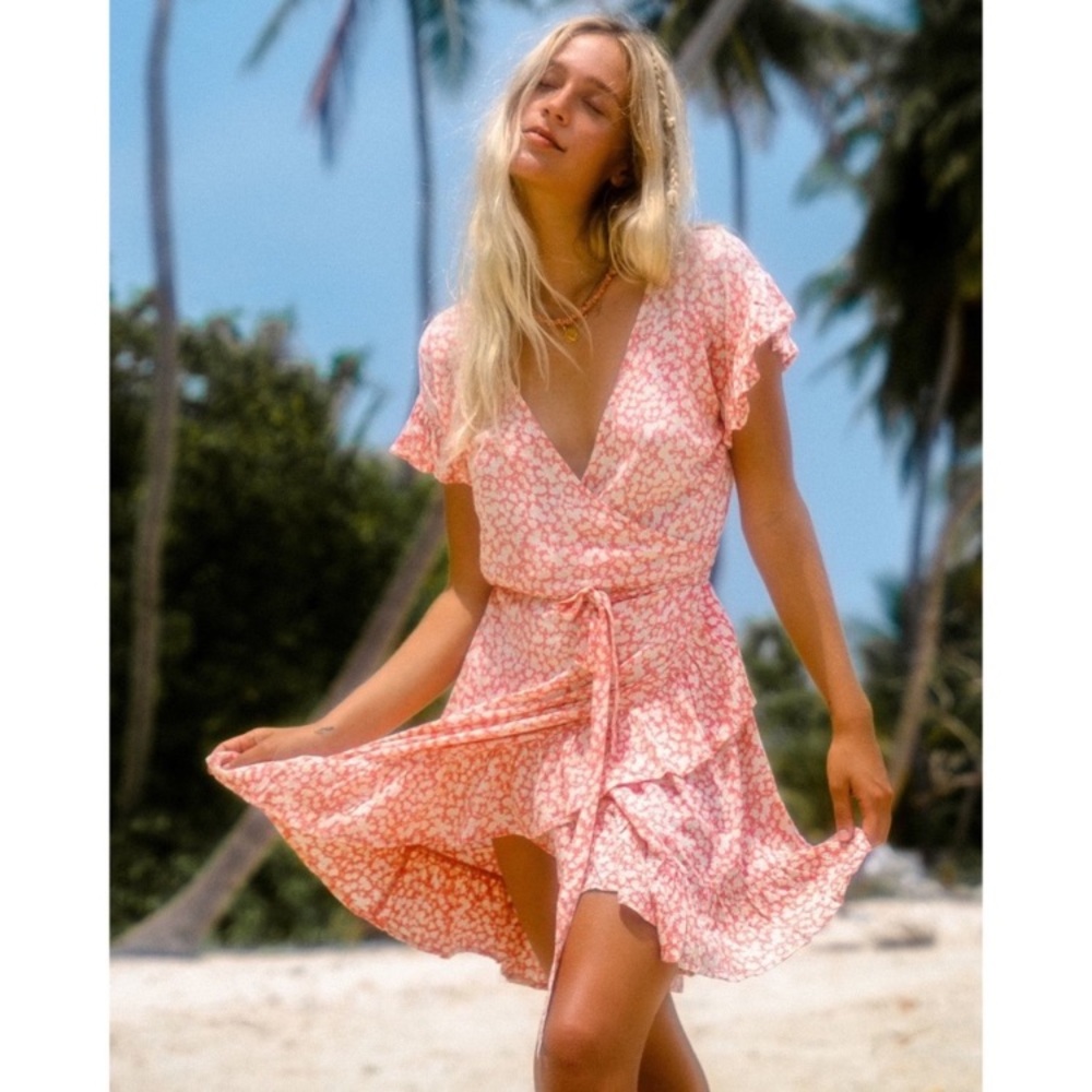 Billabong Golden Tropical Floral Mini Wrap Dress
